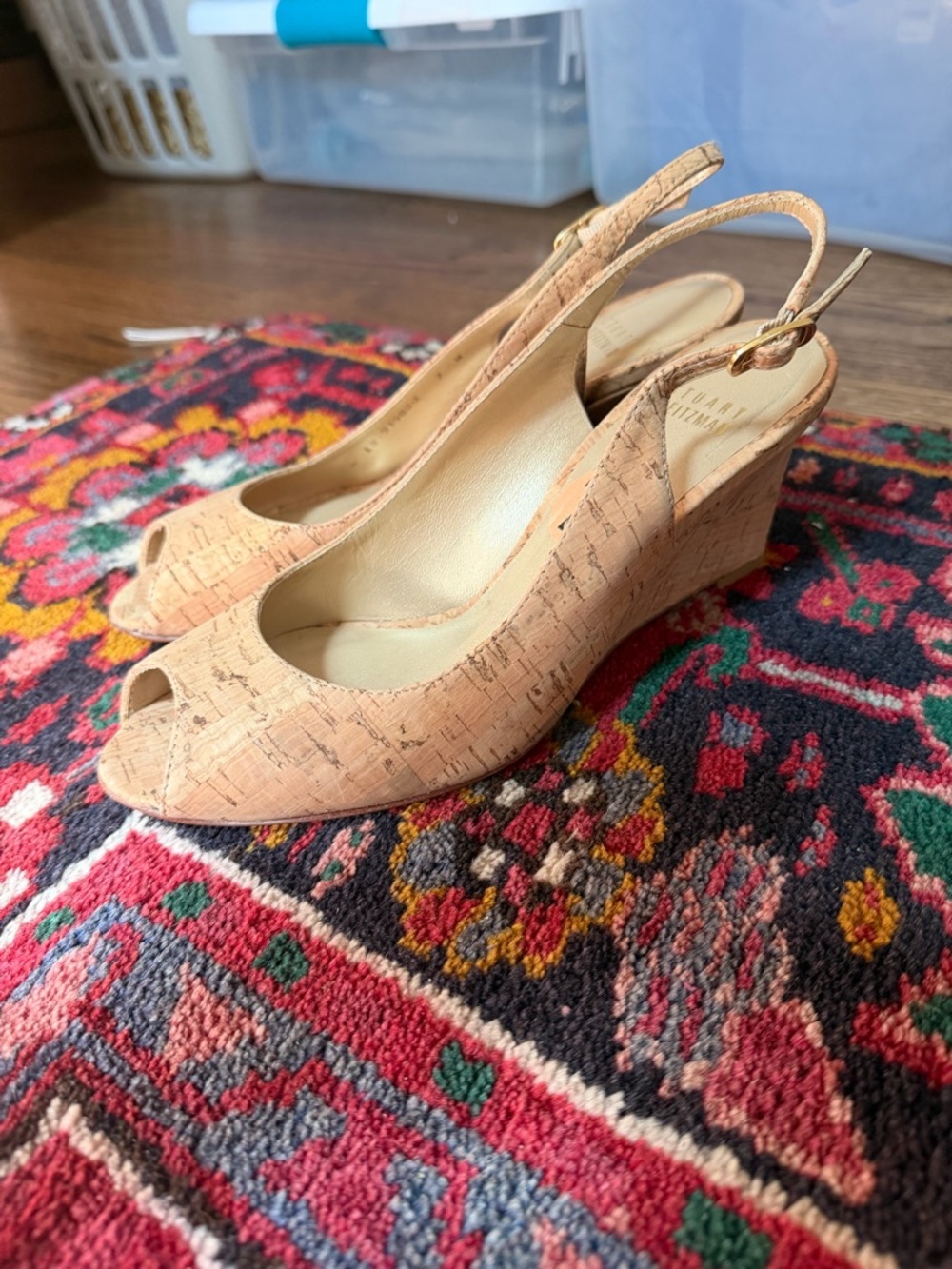 Stuart Weitzman Natural Cork Peep-Toe Slingback Wedges